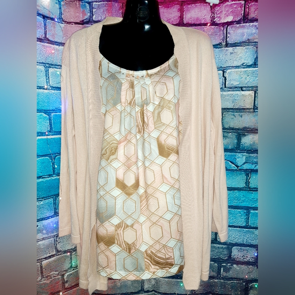 Alfred Dunner Peach Cardigan W/built In Geometric Cami 2X